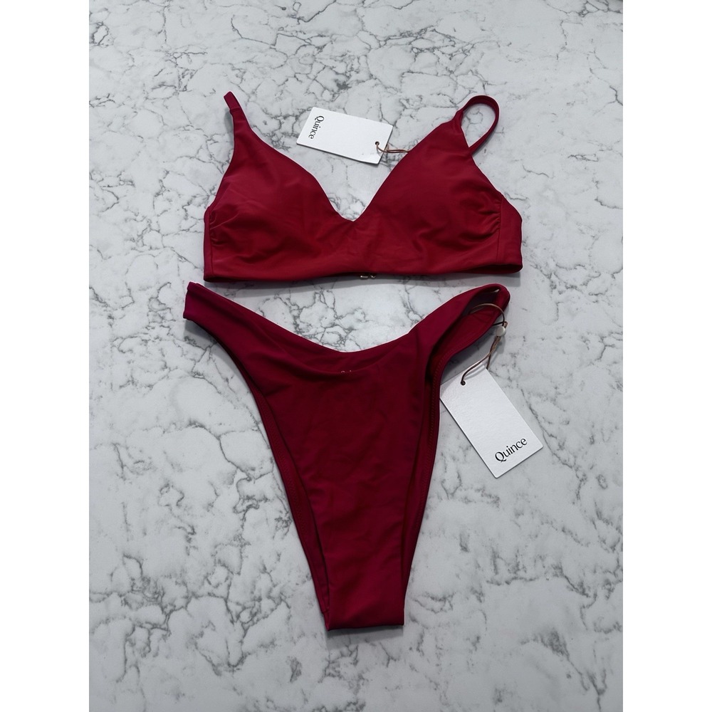 NWT Quince Cherry Red Italian V Neck Bikini Top & High Leg Bottom Set Size XS